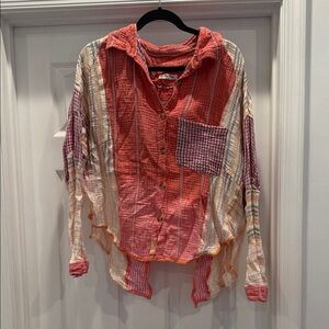 We The Free Coral & Lavender Striped Button-Up Shirt